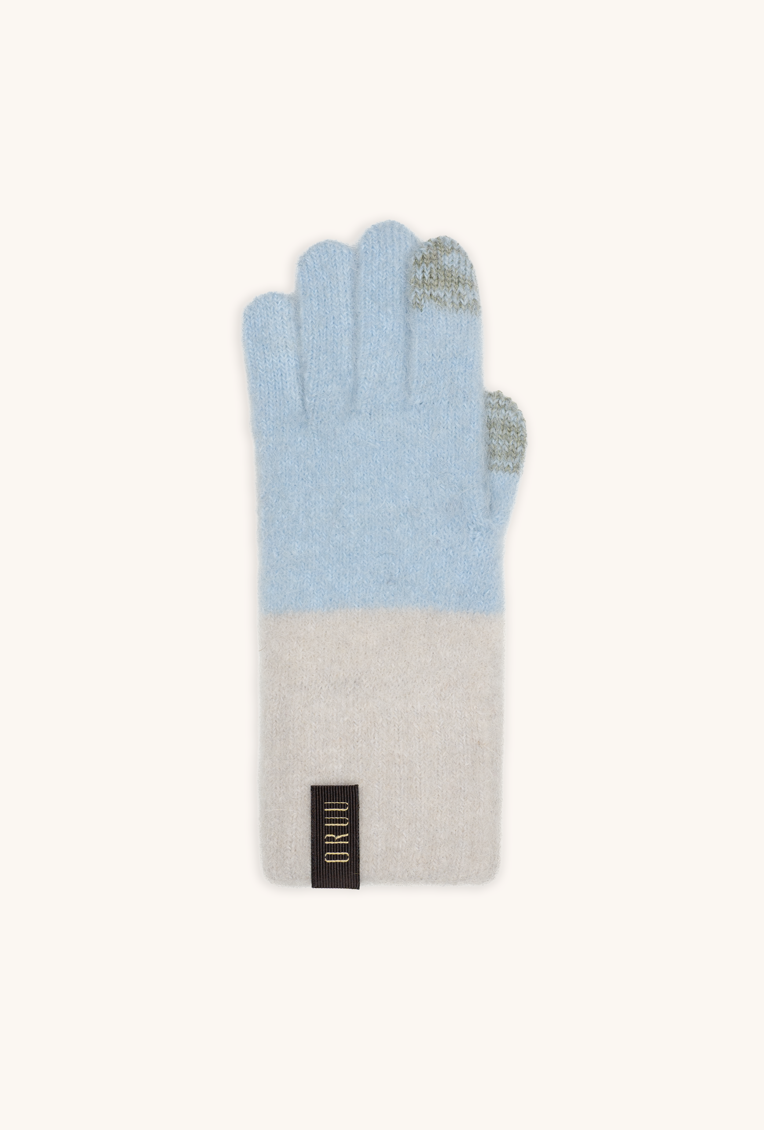 KASUMI women's alpaca touchscreen gloves in Powder Blue, single glove laid flat