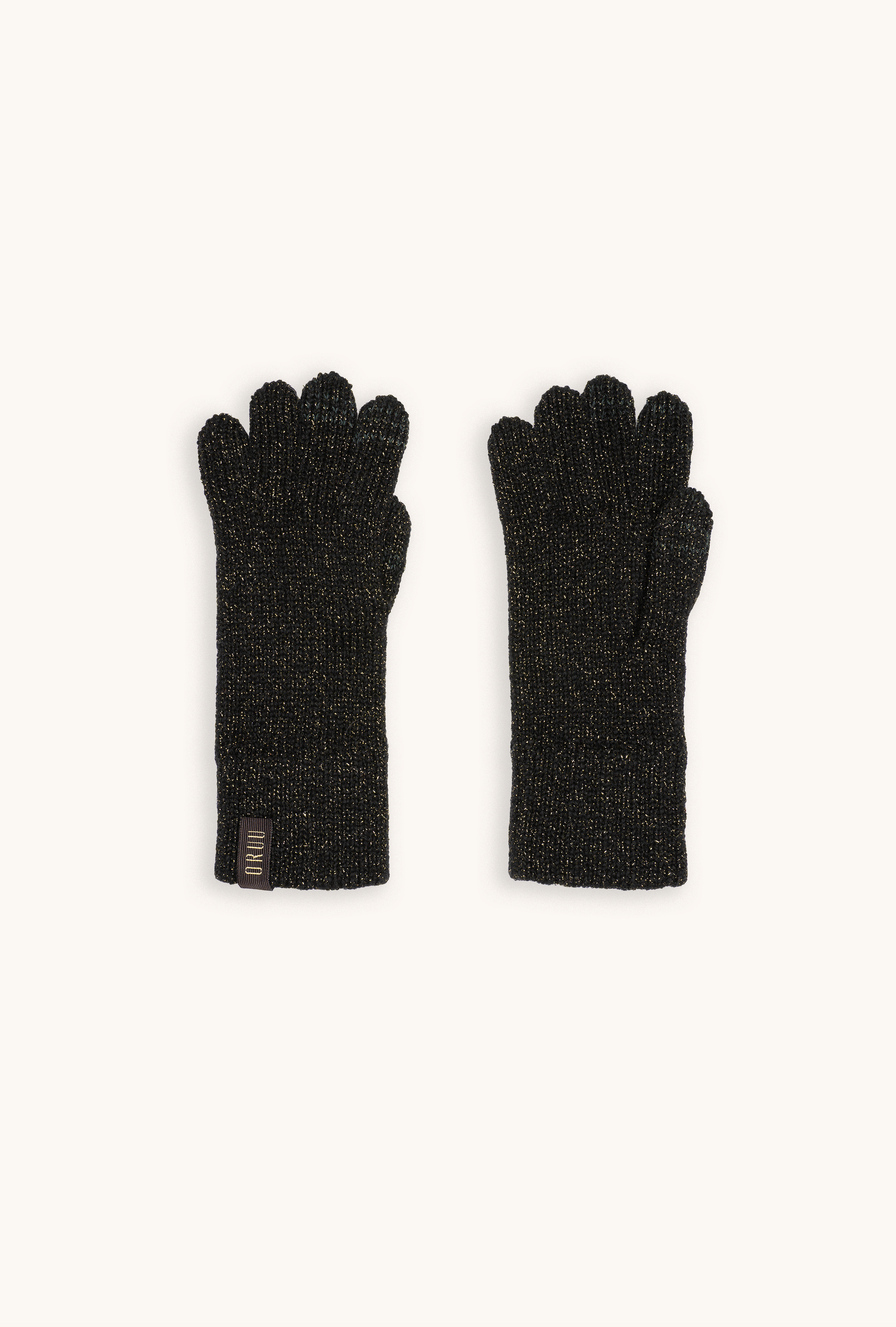 A pair of Kira black gloves with gold lamé woven with ELETEX II touch technology.
