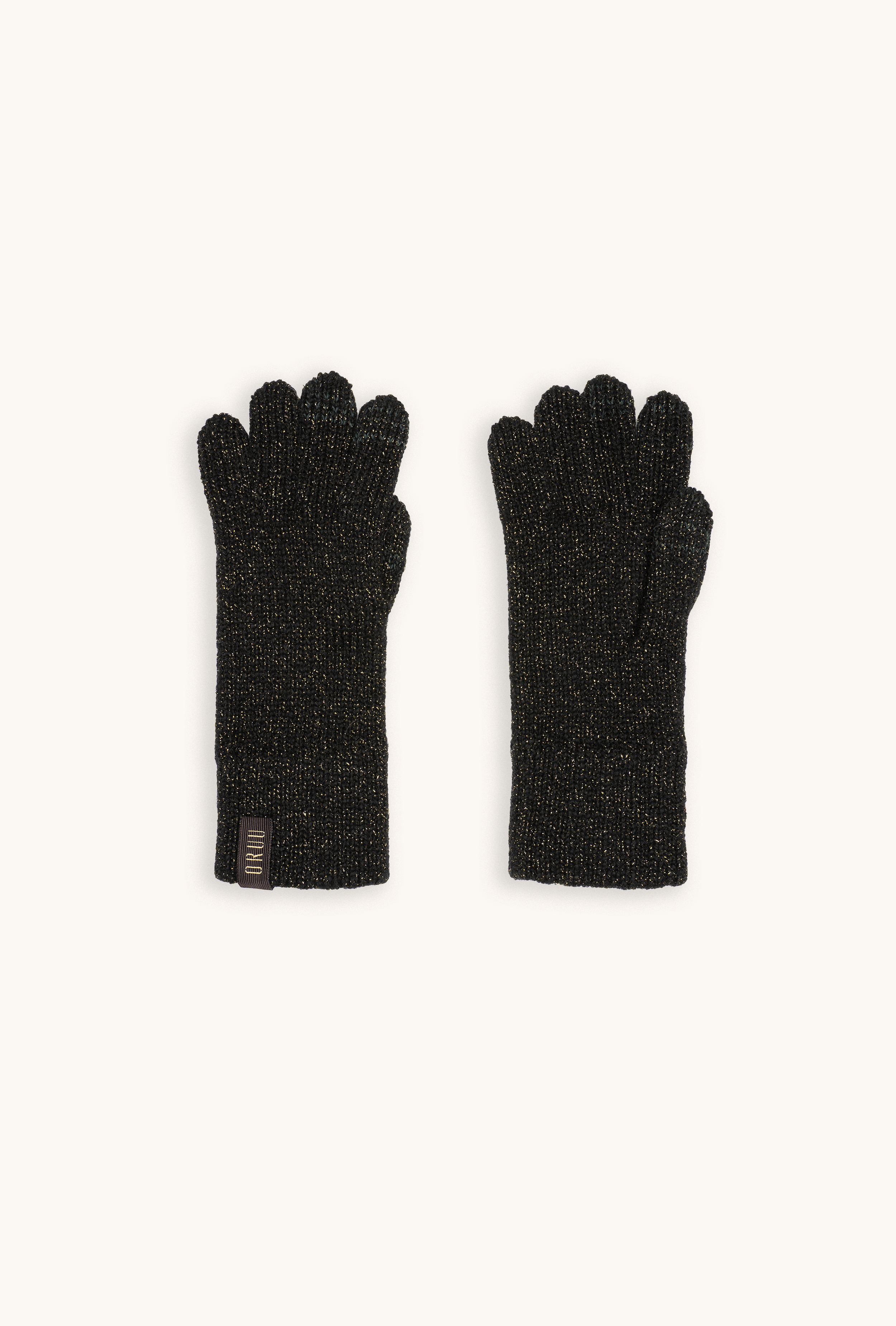 A pair of Kira black gloves with gold lamé woven with ELETEX II touch technology.