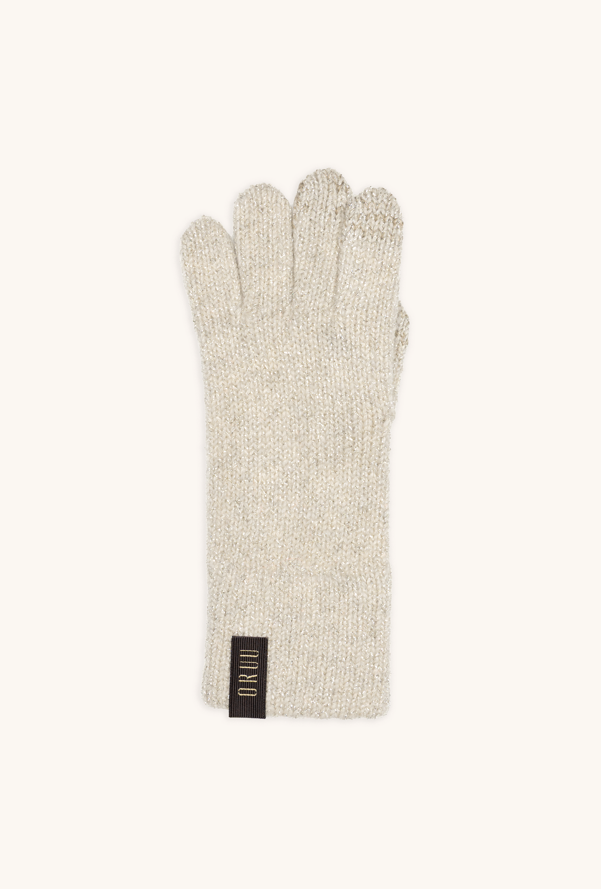 KIRA women's lamé wool touchscreen gloves in Off-White with silver lamé, single glove laid flat