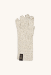 KIRA women's lamé wool touchscreen gloves in Off-White with silver lamé, single glove laid flat