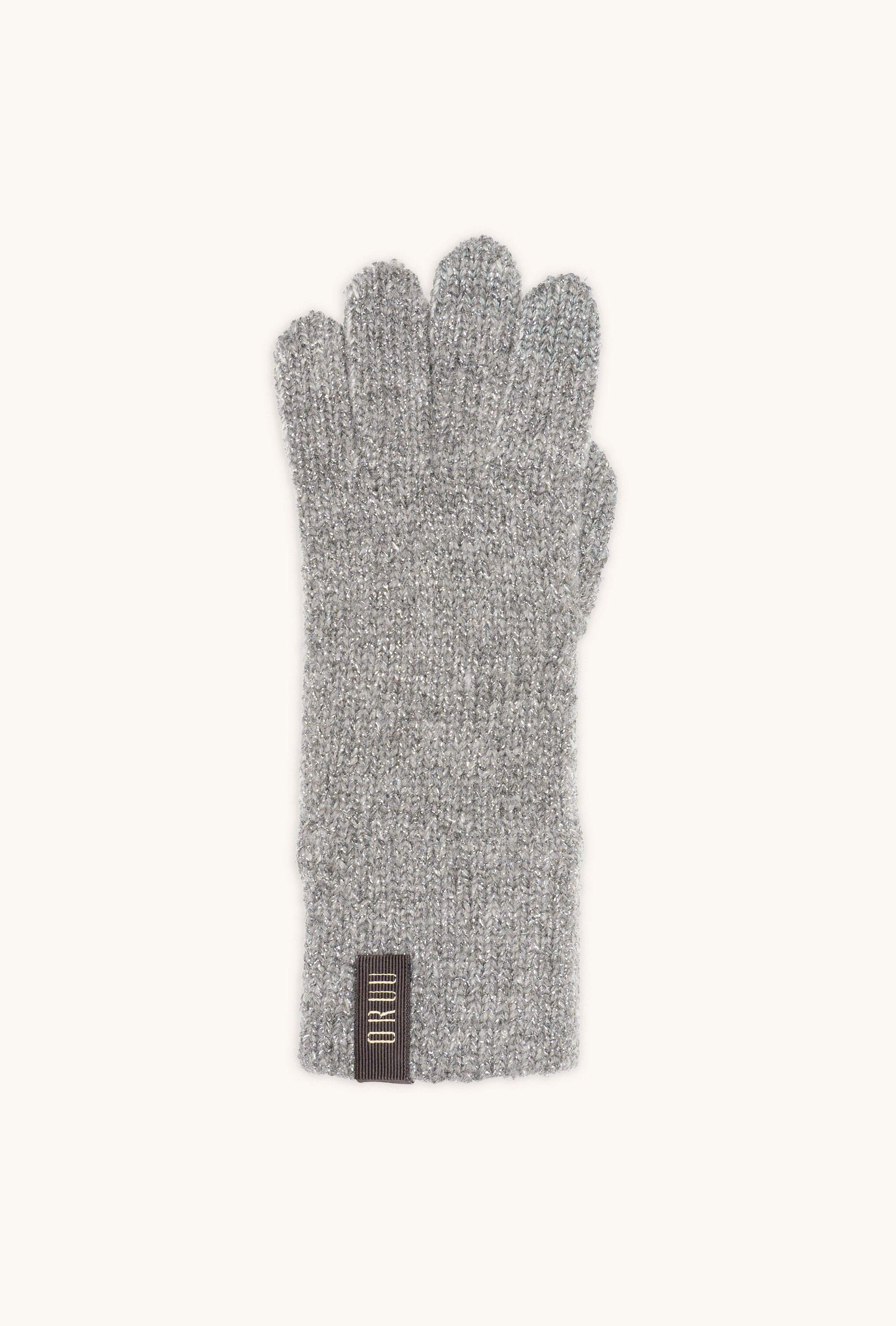 KIRA women's lamé wool touchscreen gloves in Silver with silver lamé, single glove laid flat