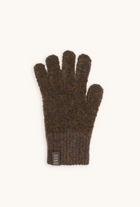 MOKO women's bouclé wool touchscreen gloves in Dark Coffee, single glove laid flat