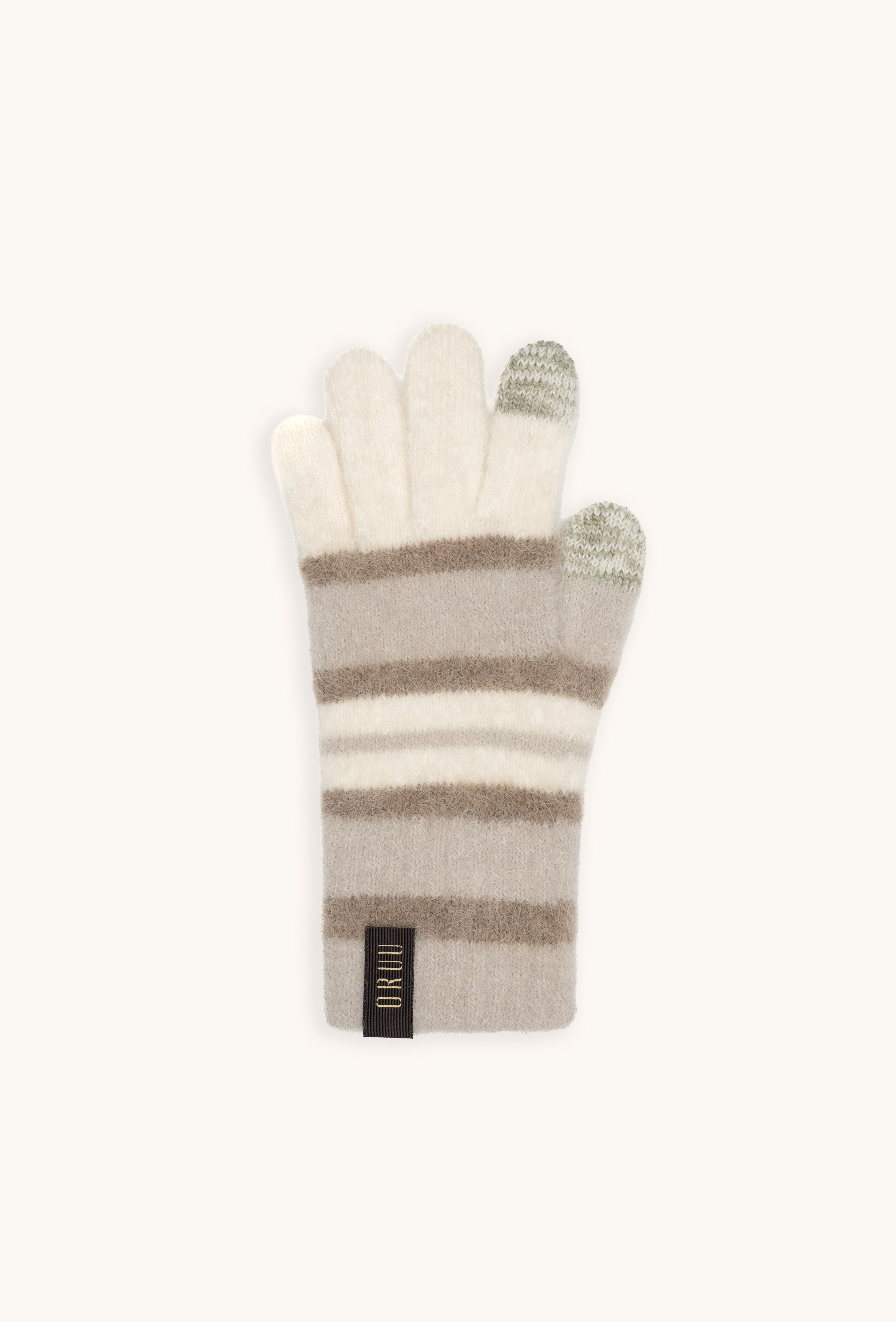 NIJI women's striped alpaca touchscreen gloves in Toffee Cream, single glove laid flat