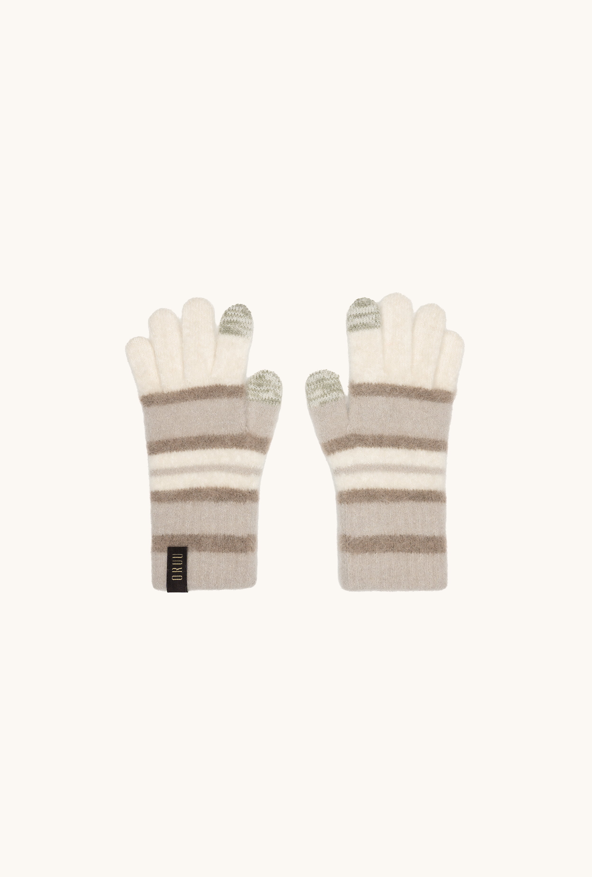 Pair of NIJI women's striped alpaca touchscreen gloves in Toffee Cream