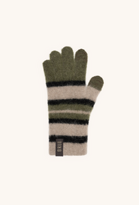 NIJI women's striped alpaca touchscreen gloves in Forest Pebble, single glove laid flat