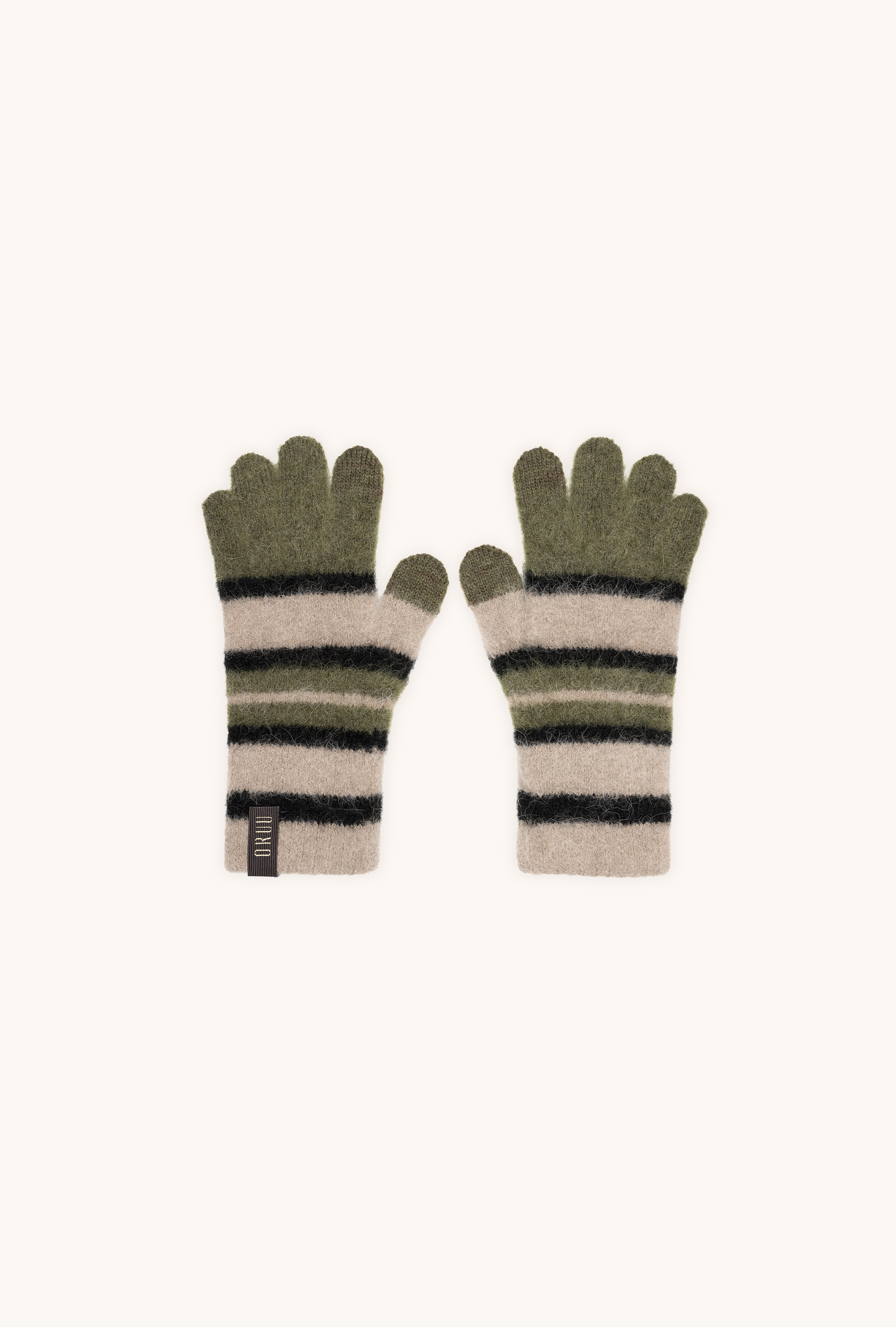 Pair of NIJI women's striped alpaca touchscreen gloves in Forest Pebble