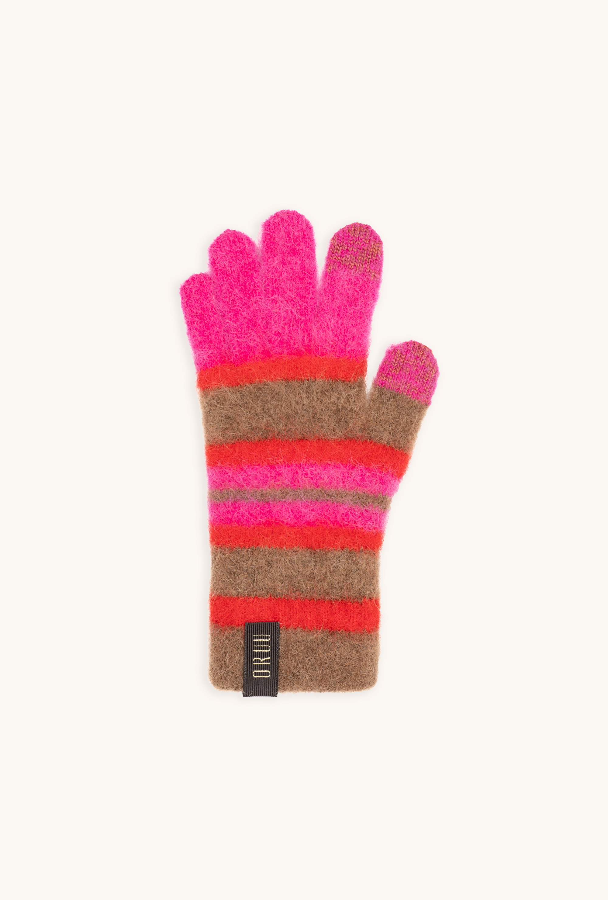 NIJI women's striped alpaca touchscreen gloves in Magenta Circus, single glove laid flat