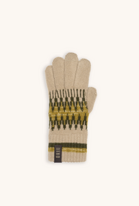 SAYA women's alpine wool touchscreen gloves in Khaki, single glove laid flat