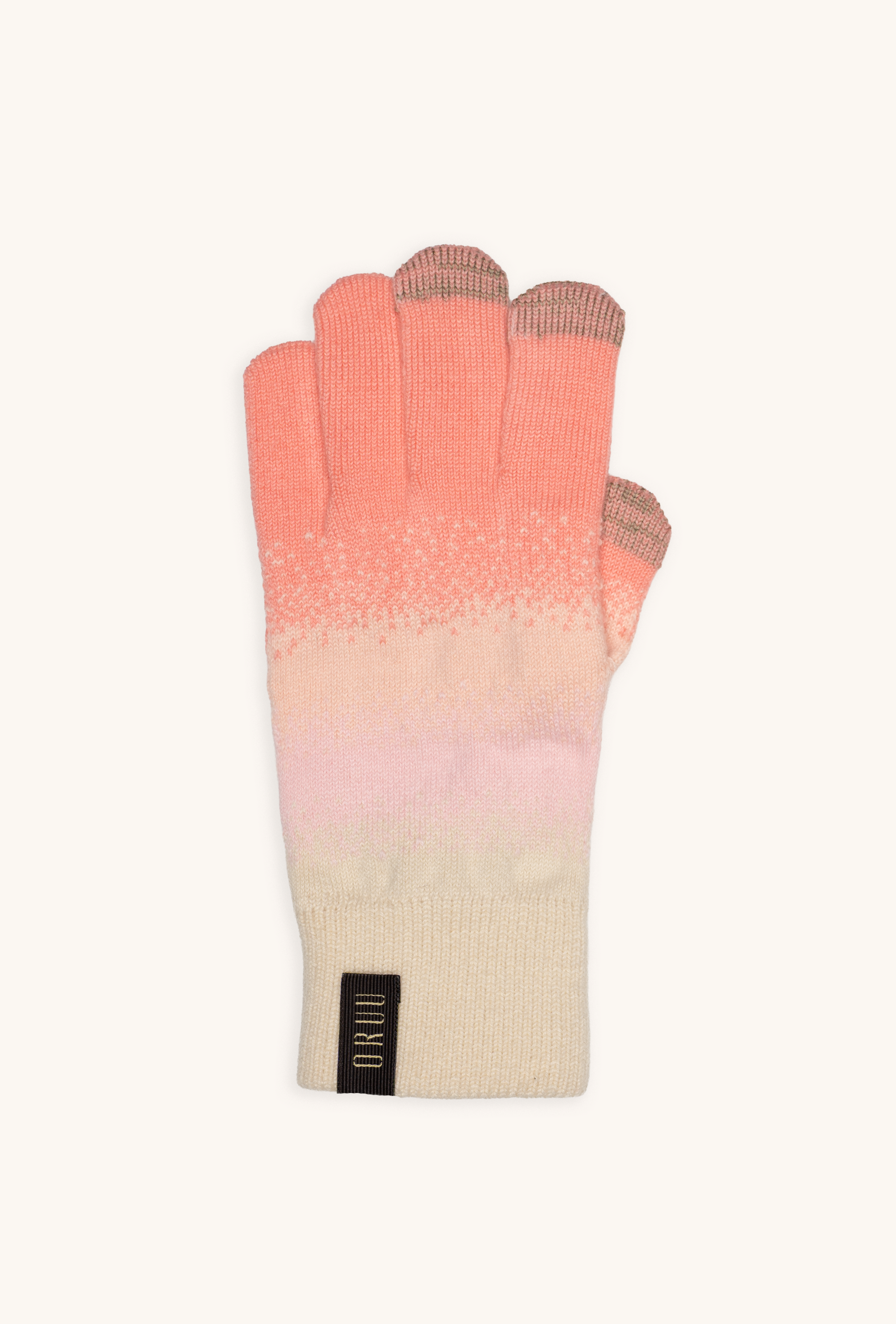 YUKI women's wool touchscreen gloves in Dusty Pink, single glove laid flat